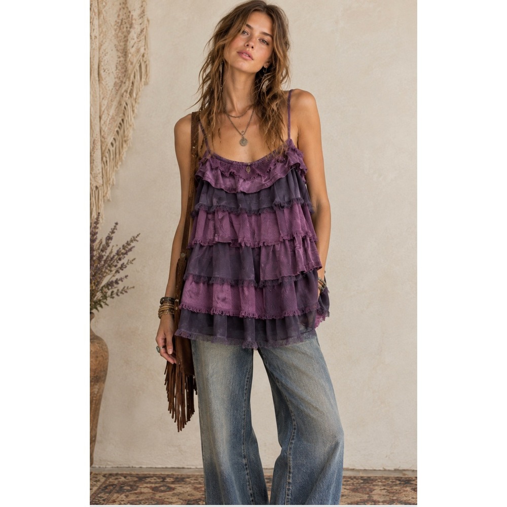 Vtg Y2K Cami Tank Top M Purple Ruffle Tiered Boho Chic Grunge Coquette Tunic
